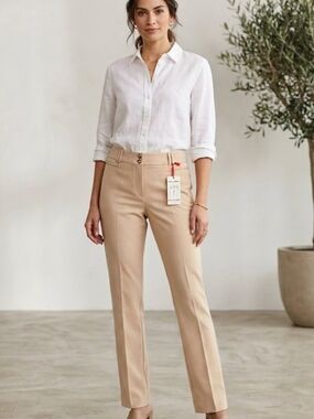 NWT Sz 12 Gerry Weber Stretch Straight-Leg Tailored Pants - Tan Classic Pockets